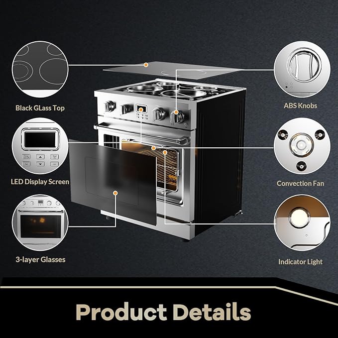 30 Inch Electric Range with 4.8 Cu.Ft Convection Oven, 4 High-Power Burners & 6 Cooking Modes, Smooth Glass Cooktop, Built-In Timer, Freestanding Professional Stainless Steel Kitchen Stove