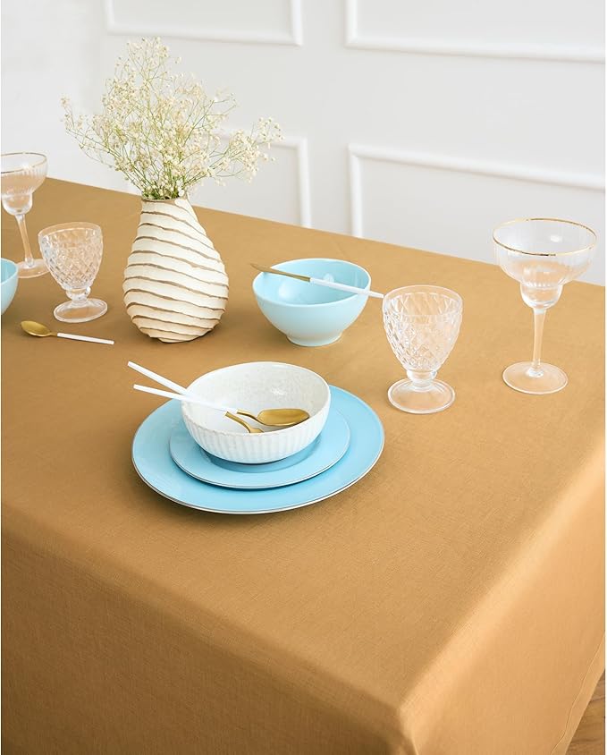 Solino Home Linen Tablecloth for Rectangle Tables 60 x 90 Inch - 100% Pure Linen Caramel Table Cloth - Fete, Machine Washable Cloth Tablecloth for Spring, Easter