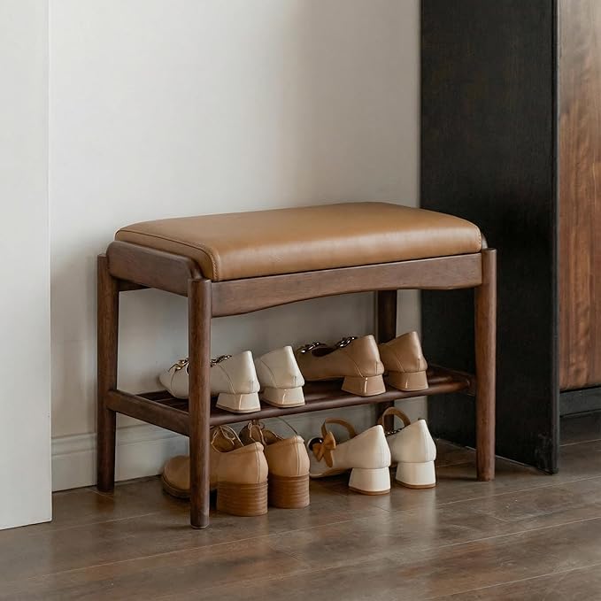 Vadisun Black Walnut Shoe Bench Assembled, Solid Wood Shoe Rack Bench with Silicone Leather Cushion for Entryway, Living Room, Bedroom, Hallway