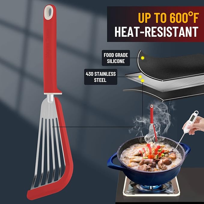 Fish Spatula,600??Heat Resistant Silicone Fish Spatula with Basting Brush,for Nonstick Cookware,Flexible Slotted Fishs Turner Spatulas,BPA Free,Dishwasher Safe(Red)