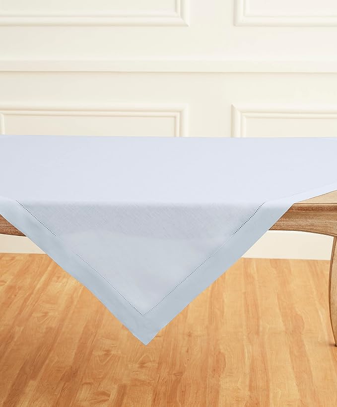 Solino Home Light Blue Linen Tablecloth 52 x 52 Inch - 100% Pure Linen Square Table Throw - Classic Hemstitch, Machine Washable Table Cloth for Winter, Spring, Easter
