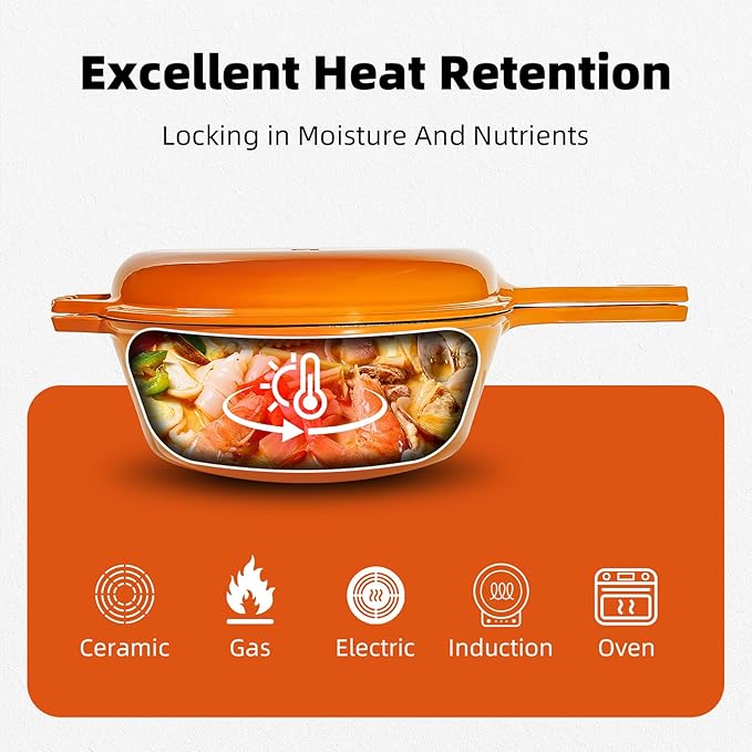 Enameled Cast Iron Braiser Pan - 2-in-1 Cast Iron Dutch Oven - 6.5QT Deep Pot with Frying Pan - Cookware Multi Cooker Skillet - for Grill Induction Stovetop Camping -Orange