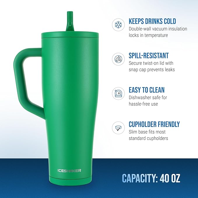 Ice Shaker 40 oz Tumbler with Handle and Straw | 40oz Green | Cold for 30+ Hours | 2-in-1 Tumbler Shaker Bottle | Odor-Free 40 ounce Bottle for Water, Protein Shakes, Smoothies, Cocktails