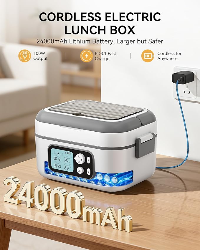 Yofidra Cordless Heated Lunch Box, 24000mAh 100W Electric Lunch Box with Smart Timer, 6.3-Cup Super Large Lunchbox for Men & Women, Portable Food Warmer with Insulated Bag for Outdoor/Office, White