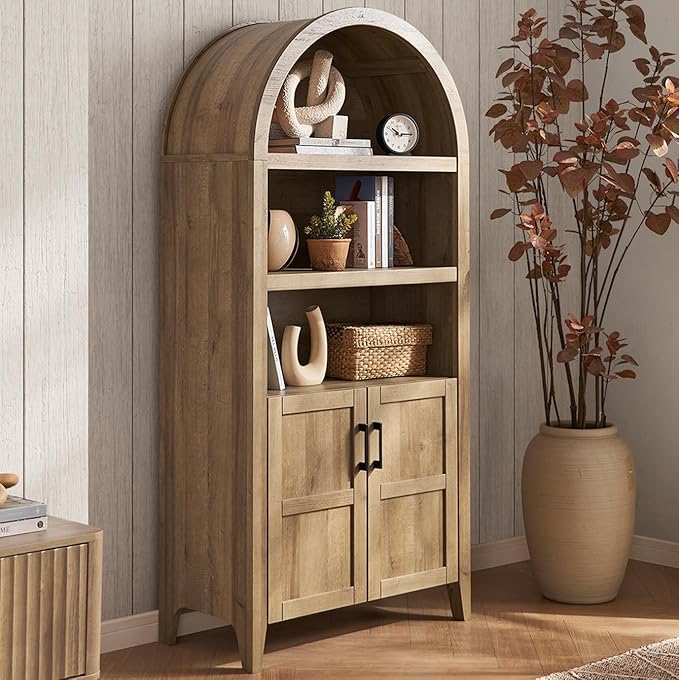 mopio Lauren 65.4" Short Arched Cabinet, The Original 5-Tier Bookcase with Doors and Shelves, Mini Arch Bookshelf with Storage, Wooden Storage Cabinet for Living Room and Kitchen Pantry (Oak)