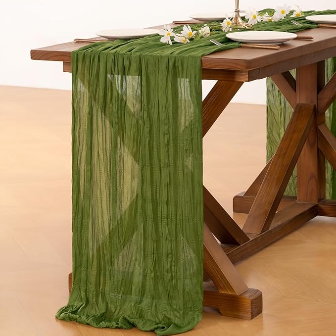Socomi 10pcs Moss Green Valentine's Day Cheesecloth Table Runner Boho Rustic Gauze 120 inch 10FT Cheese Cloth Runner for Wedding Party Baby Shower Birthday Home Decor Holiday Decorations