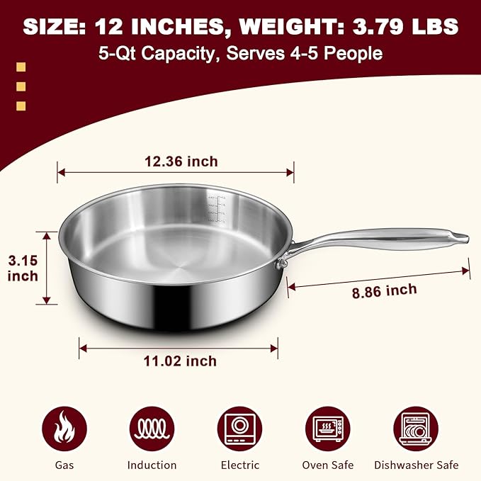 EWFEN 12 Inch Tri-Ply Stainless Steel Frying Pan, 5 Quart Deep Saute Pan, Compatible with All Cooktops Up to 600?? Induction Skillet, Dishwasher and Oven Safe, Fast & Even Heat