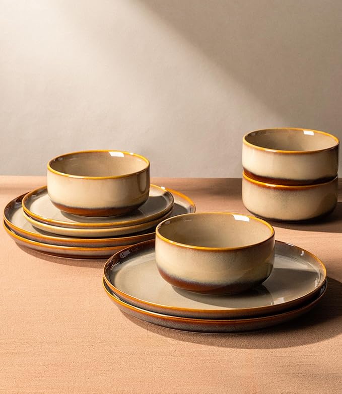 TheTerra Ceramic Dinnerware Sets for 6, 18 Pieces Handmade Reactive Glaze Plates and Bowls Set, Scratch Resistant Dish Set, Oven & Microwave & Dishwasher Safe, Creamy Amber