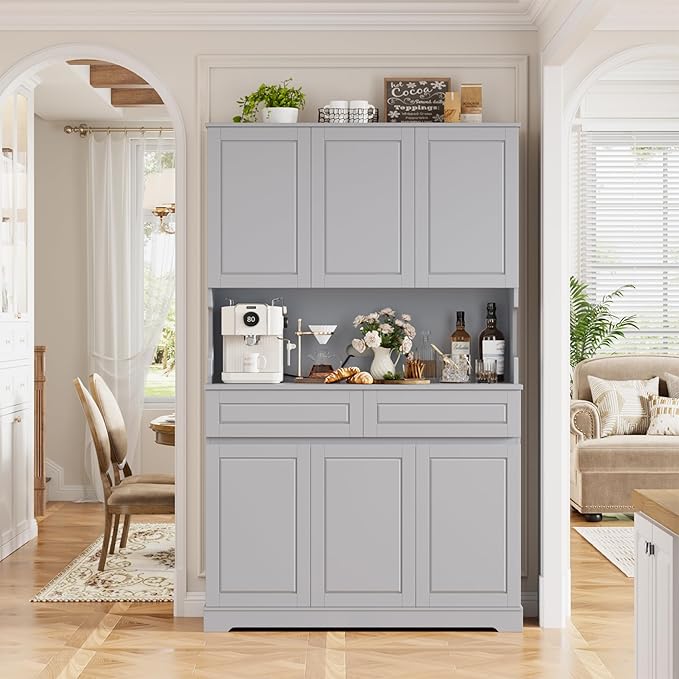 FACBOTALL 74" Pantry Cabinet, Tall Kitchen Pantry Cabinet with 6 Doors and 2 Drawers, Kitchen Hutch with Wide Countertop, Modern Kitchens Cupboard with Adjustable Shelves and Charge Holes, Grey