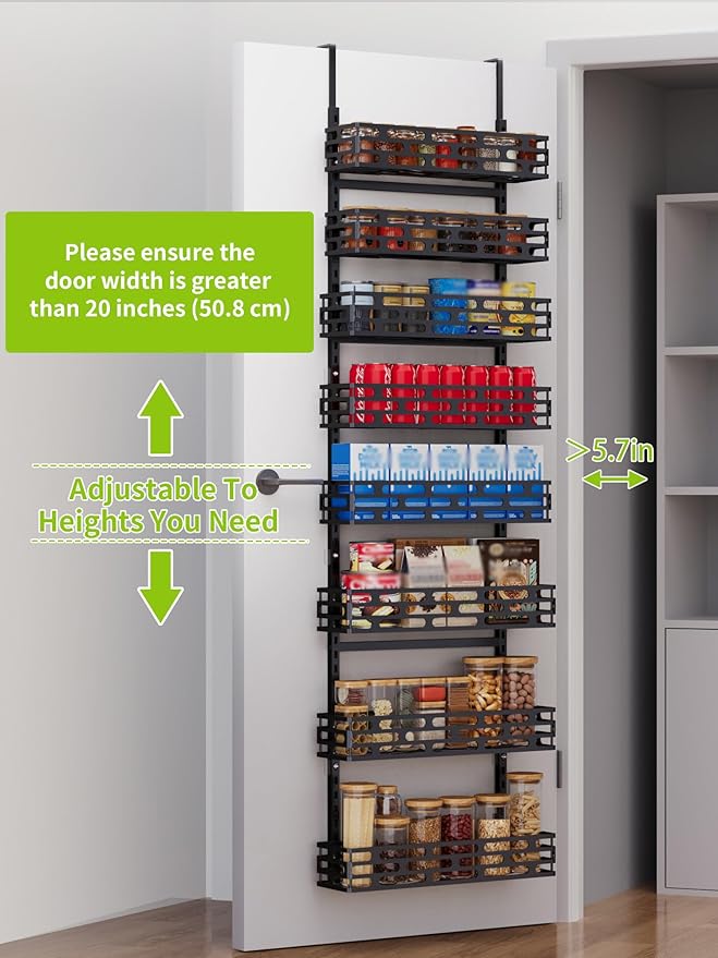 8-Tier Over The Door Pantry Organizer, Metal Pantry Organizers and Storage with Adjustable Basket, Spice Rack Seasoning Shelves for Home & Kitchen, Laundry Room Bathroom, Black