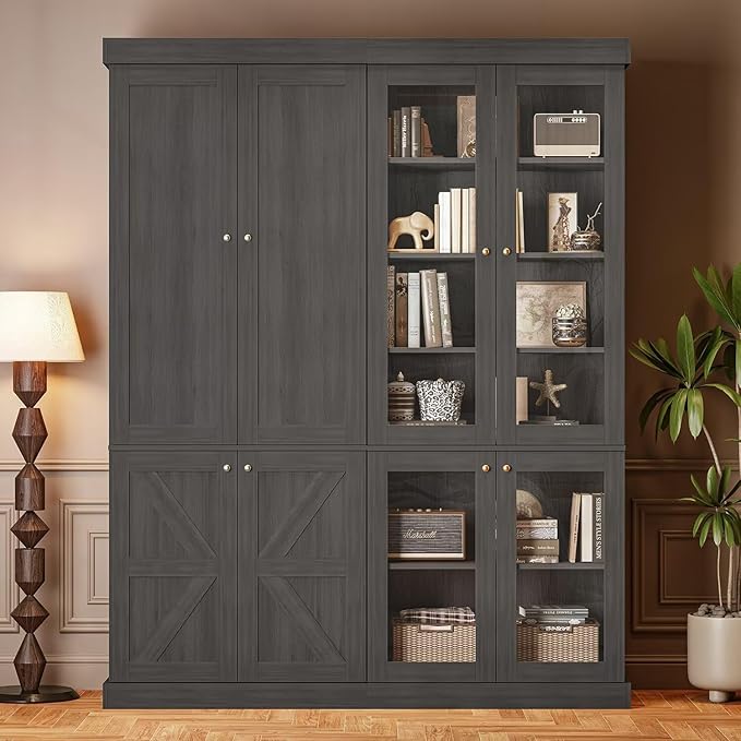 Vyre 70.8" Tall Farmhouse Bookshelf, Modular Bookcase with Glass Doors, 6-Tier Adjustable Shelves, Large Storage Cabinet for Kitchen, Living Room, Black, Set of 2