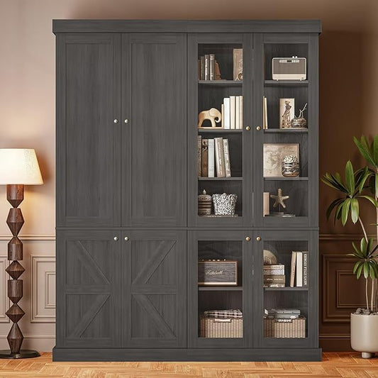 Vyre 70.8" Tall Farmhouse Bookshelf, Modular Bookcase with Glass Doors, 6-Tier Adjustable Shelves, Large Storage Cabinet for Kitchen, Living Room, Black, Set of 2