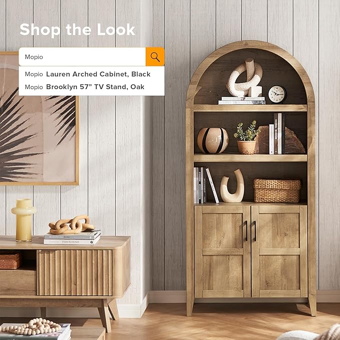 mopio Lauren 65.4" Short Arched Cabinet, 5-Tier Arched Bookcase with Doors and Shelves, Mini Arch Bookshelf with Storage, Wooden Storage Cabinet for Living Room and Kitchen Pantry (Set of 2, Oak)