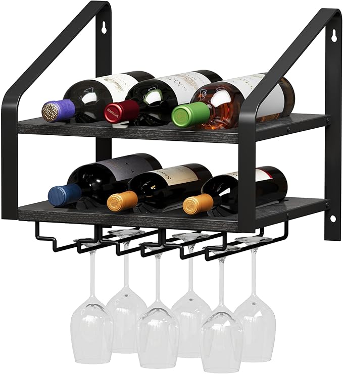 Wall Mounted Wine Rack for 6 Wine Bottles and 6 Glass Holder, 2-Tier Wall Wine Rack, Wood Wine Racks for Wall, Wood-Metal Wine Bottle Holder for Home Bar, Wine Kitchen Storage (Black)