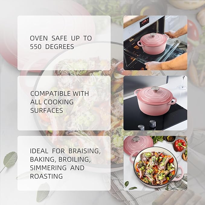 3 Quart Dutch Oven Enameled Cast Iron with Lid - Big Dual Handles - Oven Safe up to 500째F - Classic Round Pot for Versatile Cooking Pink
