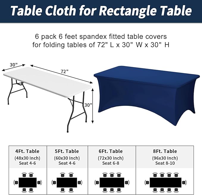 Fixwal 6FT Navy Blue Table Cloth Rectangle Tables, 6 Pack Spandex Table Cloths for 6 Foot Rectangle Tables, Fitted Rectangular Stretch, Washable Patio Table Cover (72Lx30Wx30H Inch)