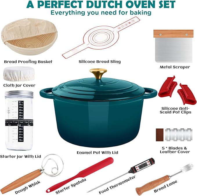 Enameled Cast Iron Dutch Oven Pot with Lid, Incl. Sourdough Bread Baking Supplies Like Banneton Bread Proofing Basket, Starter Jar, Scoring Tool Lame, 5QT Dutch Oven for Bread Baking, Oven Safe up to 500째F