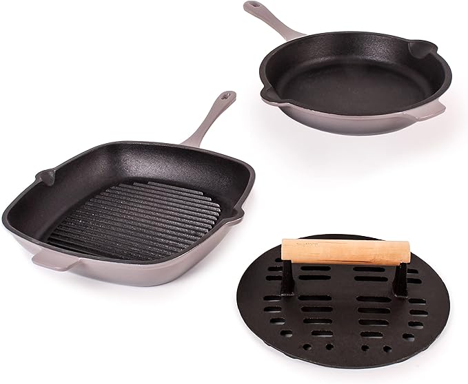 BergHOFF Neo 3Pc Enameled Cast Iron Cookware Set, Fry Pan 10 inches, Grill Pan 11 inches, Slotted Steak Press, Fast, Evenly Heat, Oven safe (Oyster)