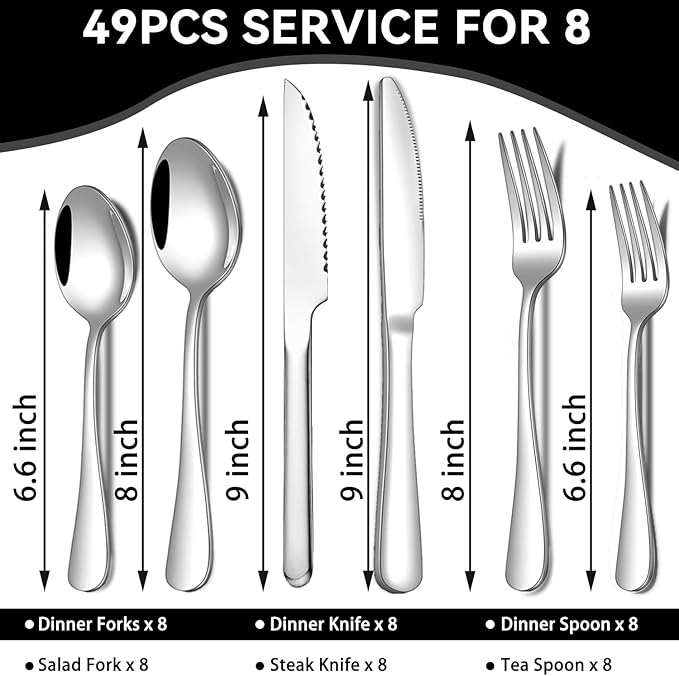 49-Piece Stainless Steel Silverware Set with Cutlery Organizer, Service for 8 with Steak Knives and Kitchen Utensils (49PCS Silverware with Tray)