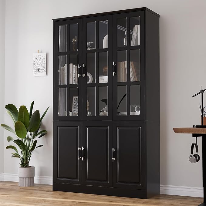 MEISSALIVVE Kitchen Pantry Storage Cabinet, 78.7" Tall with Glass Doors & Drawers, Freestanding Utility Cabinet, Black (47.2" W x 15.7" D)