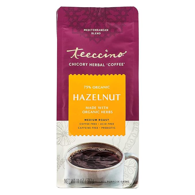 Teeccino Chicory Coffee Alternative - Hazelnut - 11 Ounce - Ground Herbal Coffee That?™s Prebiotic, Caffeine Free & Acid Free, Medium Roast