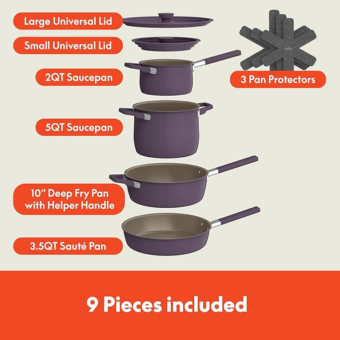 bella 9 Piece Ceramic Nonstick Cookware Set, Fits-anywhere??Kitchenware w EverGood??Coating, Dishwasher & Oven Safe, All Stovetops Compatible, Stackable Design, Cool Touch Handles, Plum