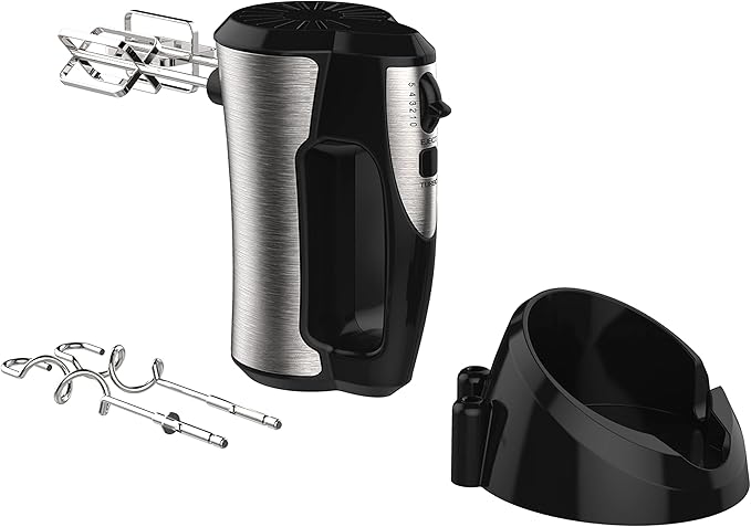 Courant 5-Speed Hand Mixer, Stainless Steel w/Turbo Function, Neat Storage Stand, Includes Set of Beaters & Dough Hooks, Perfect for Baking and Cooking - COUCHM1580ST (Silver)