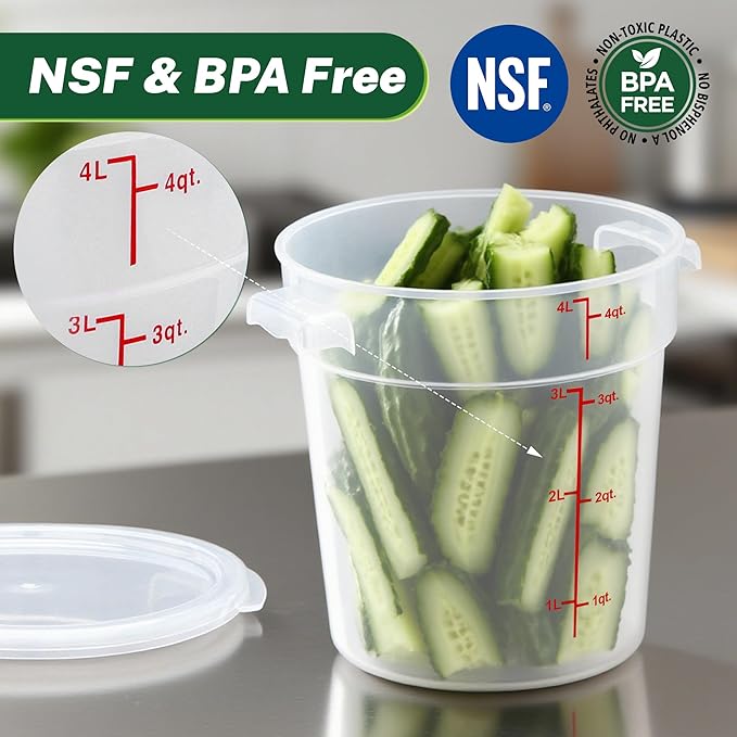 Round Food Storage Container with Lid, 4 Qt Translucent, Commercial 4 Pack of ??NSF Listed, BPA-Free, Polypropylene, Non-Stick, Scale, with Labels & Measuring Cups