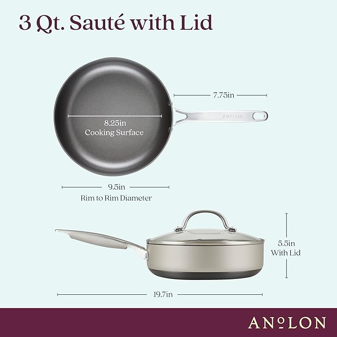 Anolon Achieve Hard Anodized Nonstick Saut챕 Pan with Lid, 3 Quart - Silver