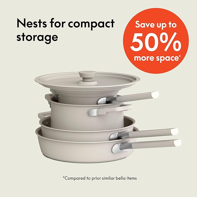 bella 9 Piece Ceramic Nonstick Cookware Set, Fits-anywhere??Kitchenware w EverGood??Coating, Dishwasher & Oven Safe, All Stovetops Compatible, Stackable Design, Cool Touch Handles, Oatmilk