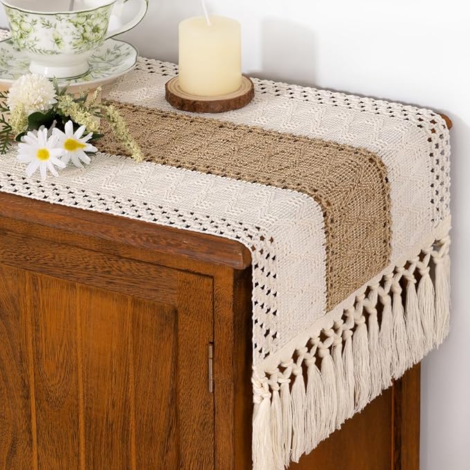 Socomi Boho Table Runner Valentine's Day Farmhouse Rustic Dining Kitchen Centerpiece Decor Small Macrame Woven Cotton Linen Coffee Table Runner for Dresser Scarf Home Decor 12x90 inch