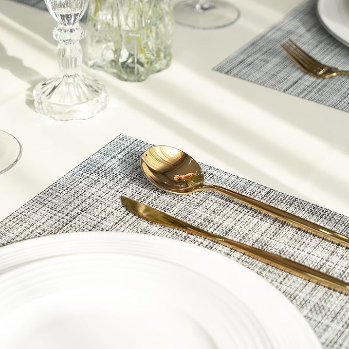 SUMYMERY Placemats Set of 12 Vinyl/Plastic Woven Place Mats for Kitchen Table Indoor/Outdoor Washable Placemat Wipeable Dining Table Mats (Grey,12)