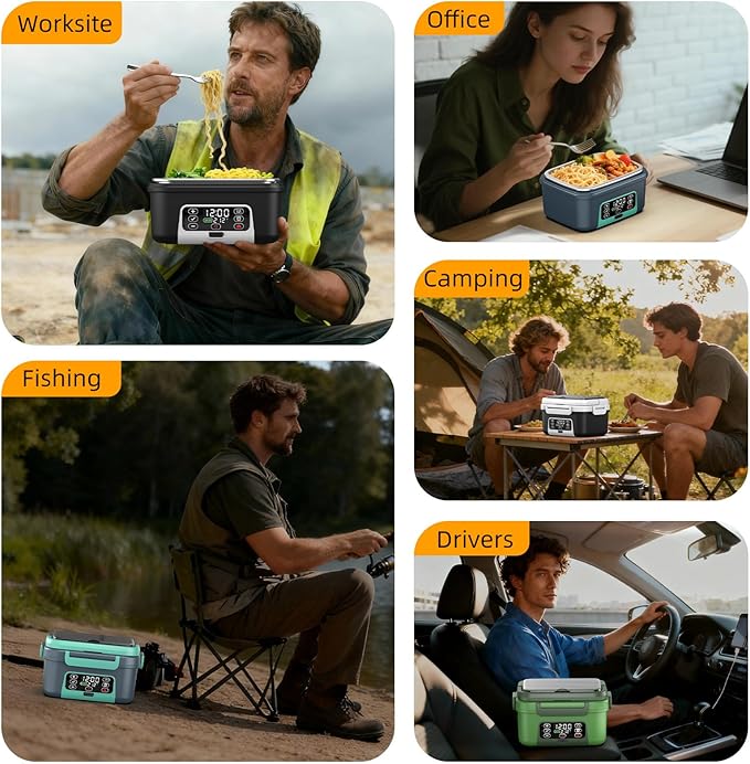 XL 6.3-Cups Cordless Electric Heated Lunch Box for Adults, 20000mAh Rechargeable Battery Powered Smart Self Heating Lunchbox for Men Women, 100W Food Warmer for Trucks Driver Travel Office Worker