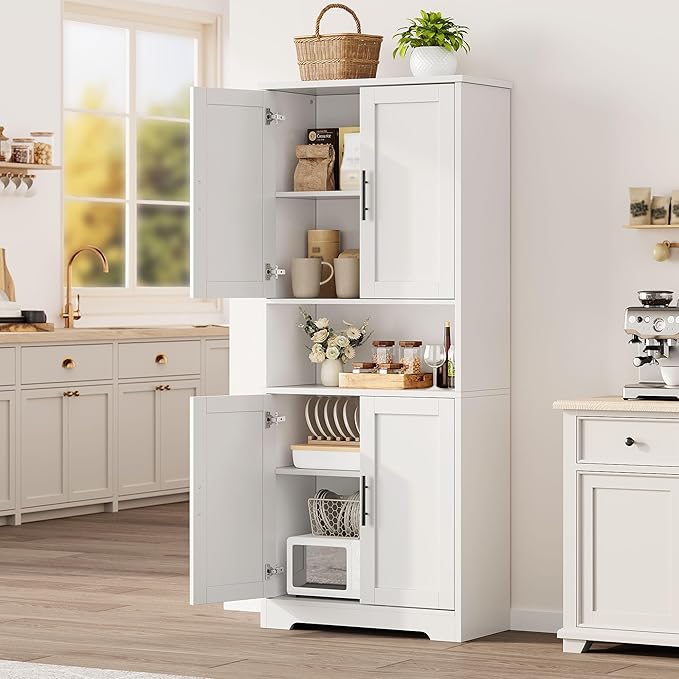 70" Tall White Pantry Cabinet with Doors, Freestanding Storage Cabinet with Adjustable Shelves for Kitchen, Dining Room, Bathroom, Living Room,White