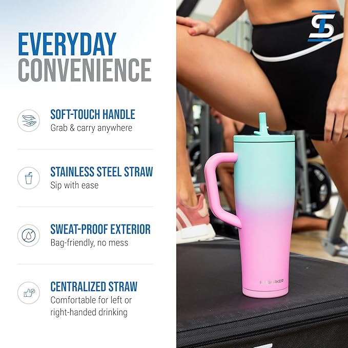 Ice Shaker 40 oz Tumbler with Handle and Straw | 40oz Pink Mint | Cold for 30+ Hours | 2-in-1 Tumbler Shaker Bottle | Odor-Free 40 ounce Bottle for Water, Protein Shakes, Smoothies, Cocktails