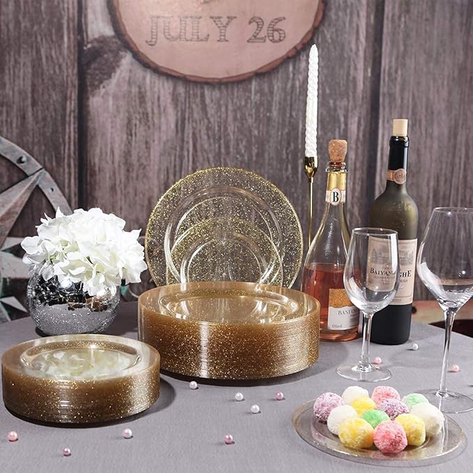 I00000 150PCS Gold Disposable Plates Silverware, Gold Glitter Dinnerware Set Include 25 Dinner Plates 10.25?쇺? 25 Dessert Plates 7.5?쇺? 25 cups 10 OZ, 25 Forks, 25 Knives, 25 Spoons for Wedding,Party