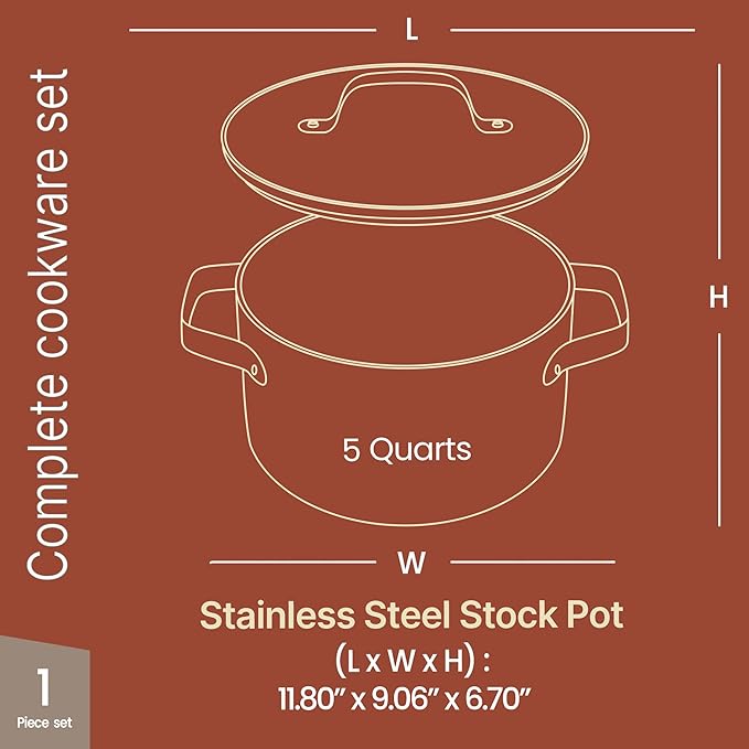 Bakken 5 Quart Ceramic Coated Stock Pot with Lid, Easy to Clean Nonstick Pot, Tempered Glass Lid, Riveted Stainless Steel Handles, Oven Safe Up To 500째F, PTFE & PFAS Free, All Stove Compatible, Black