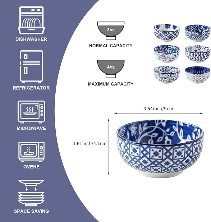 Cerkik Ceramic Dipping Bowls Set - Mini 4 Oz Dessert Bowls - Small 3.5 Inch Porcelain Bowls for Side Dishes, Snack, Yogurt, Appetizer - Microwave Dishwasher Safe - Set of 6 - Vintage Blue