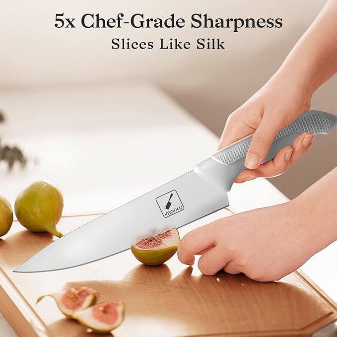 imarku Kitchen Knife Set, Japanese Knives Set for Kitchen, Stainless Steel Knife Set with Block, Kitchen Gadgets, White, Anti-Slip Handle, Dishwasher Safe, Gift for Women