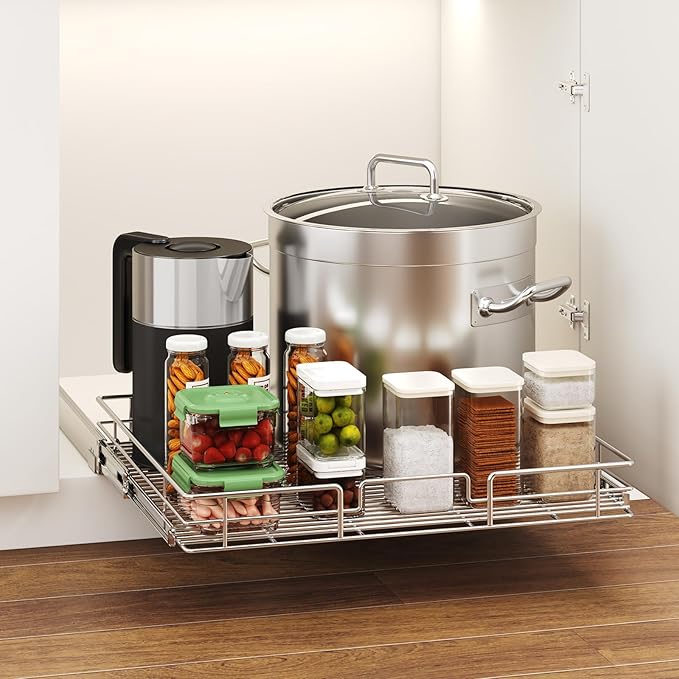 LOVMOR Pull Out Cabinet Organizer 28쩍" W x 21쩍" D, Kitchen Cabinet Pull Out Shelves Slide Out Storage