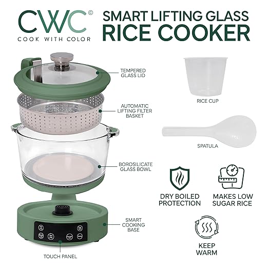 COOK WITH COLOR 3L Glass Mini Low Carb Rice Cooker ??Holds 2 Cups Raw/Makes 6 Cups Cooked with Auto Lift Filter Basket, Hotpot & Steamer for Rice, Grains, Digital Panel with Keep Warm, Dark Sage