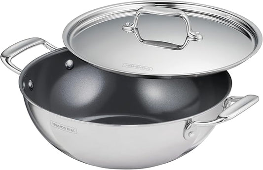 Tramontina Utsava Tri-Ply Clad Stainless Steel 4-Quart Kadai with Lid and Ceramic Non Stick Interior, Induction-Ready Large Kadhai Pot for Indian Cooking