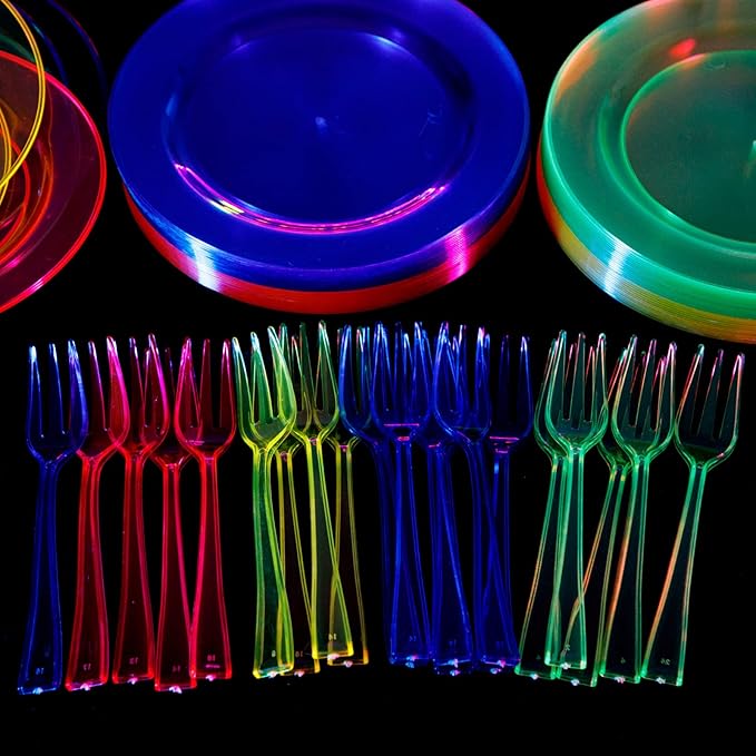 supernal 200pcs Appetizers Plates includ 100pcs Plastic Forks 100pcs Neon Party Plates Colorful Rainbow Disposable Party Plate and Dispsoable Forks Set for Party Catering Birthday New Year