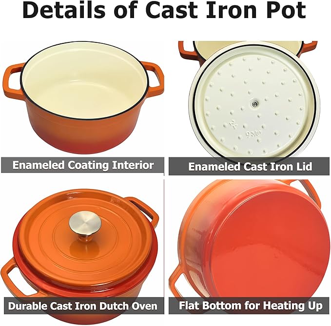 Enameled Cast Iron Dutch Oven with Lid, Orange, Round, 4Quart, Heat-Resistant Handles, for Cooking, Baking (Orange, 24CM)