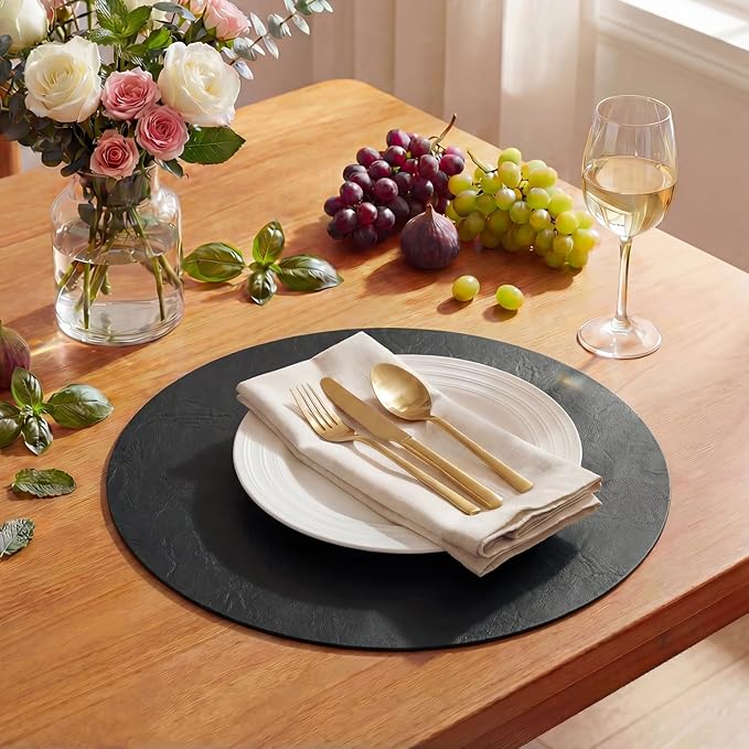 Artoid Mode Black Faux Leather Placemats Set of 4, 15 Inch Waterproof Wipeable Heat Resistant Place Mats, Reversible Table Mats for Kitchen Dining Decor