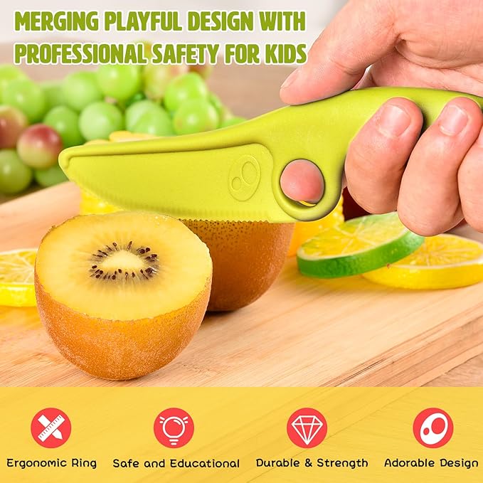 Toddler Learning Knife Set 4-Piece with Educational Ring for Real Cooking, Adorable Dog Design, Safe Serrated Edge for Cutting Training, and Premium Nylon Material Blade, (colors vary)
