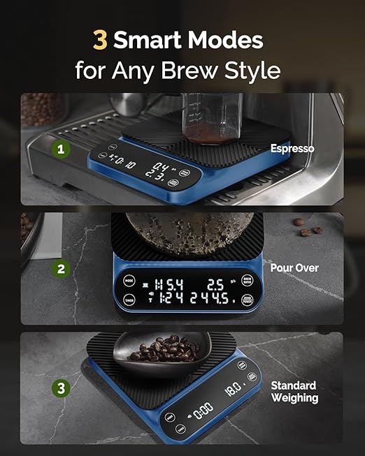 Maestri House S3 Coffee Scale with Timer, 3kg/0.1g Rechargeable Digital Scale, 3 Brew Modes, Adjustable Ratios & Flow Rate Display, Barista-Grade for Pour-Over, Espresso, French Press ??Blue