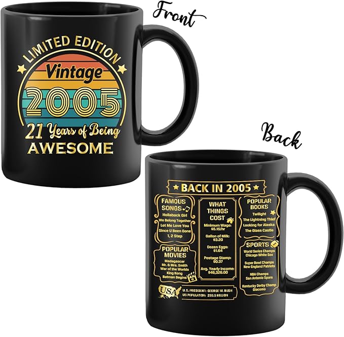 QUPT 21th Birthday Gifts for Women Men, 21th Birthday Gifts for Him, 2005 Birthday Gifts for Women Men, 21 Years Old Gifts, 2005 Birthday Gifts for Her Him, 21th Birthday Presents Coffee Mug