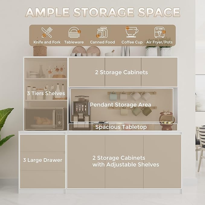 Large Kitchen Hutch Cabinet with Microwave Stand, Storage Cupboard Pantry with 3-Tier External Shelves and 3 Drawers, Ktichen Food Pantry with Open Countertop for Dining Room, White