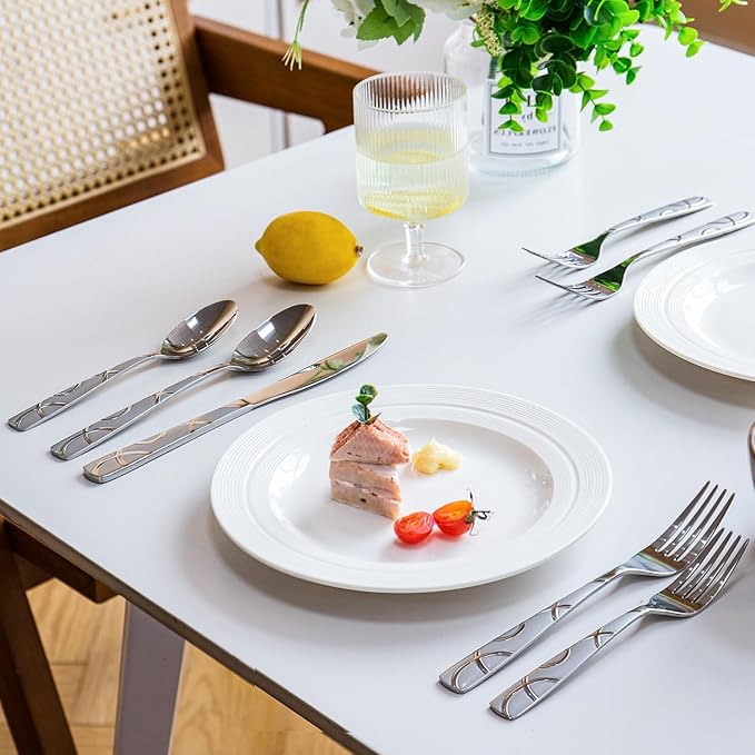 HIKAA 60PCS Stainless Steel Silverware Set, Modern Flatware Set for Kitchen, Mirror Polished Cutlery Set with Forks, Spoons and Knives竊똃ishwasher Safe